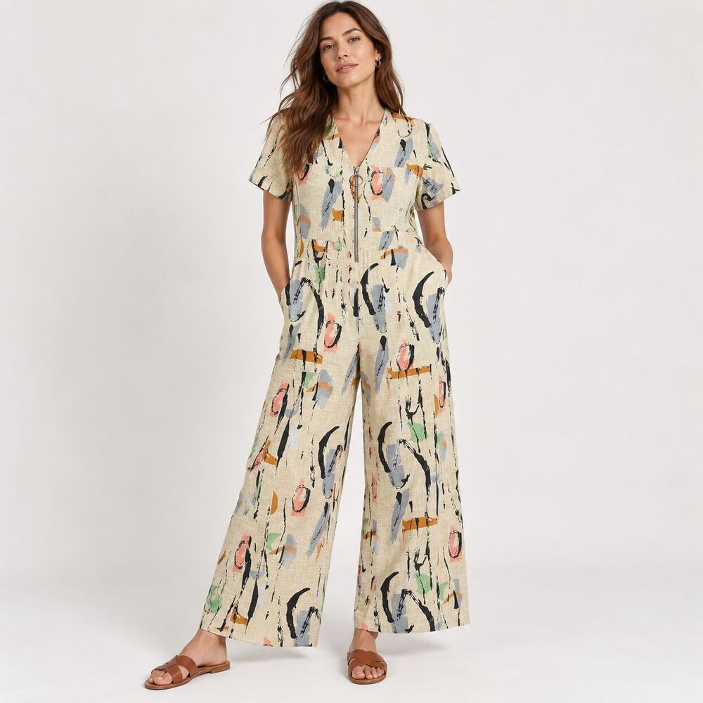 L.F.Markey Linen Blend Boilersuit Jumpsuit US 4 Abstract Print Wide Leg Zip